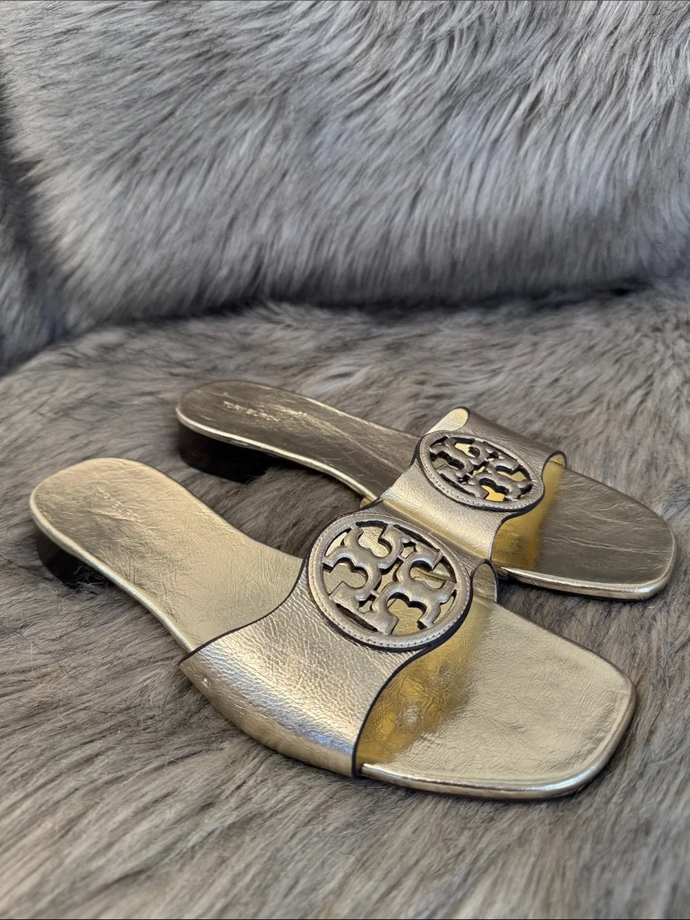Tory Burch Metallic Gold Logo Slide Sandals Size 12